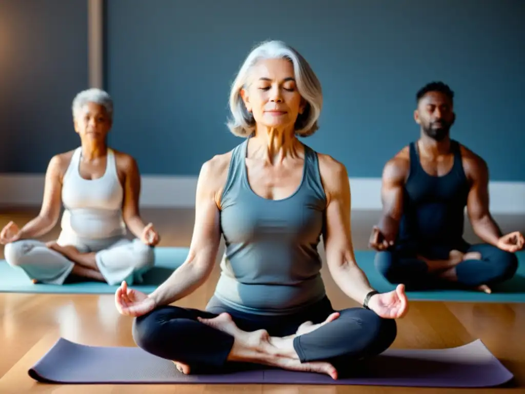 'Yoga adaptado para personas mayores: persona mayor tranquila practicando yoga con apoyo afectuoso de instructores en estudio iluminado'