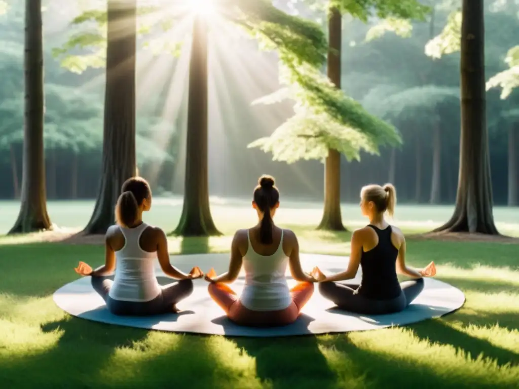 Práctica de yoga al aire libre entre árboles altos, con luz del sol filtrándose