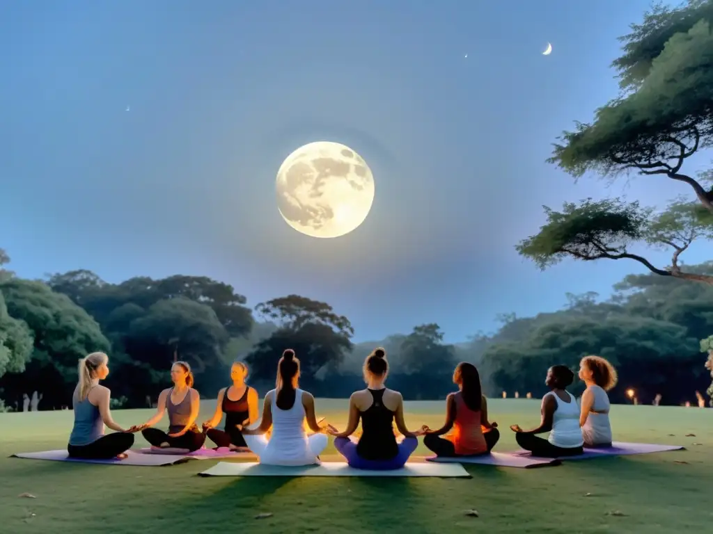 Práctica de yoga al aire libre bajo la luna llena, con influencia de fases lunares en yoga, brindando serenidad y conexión espiritual