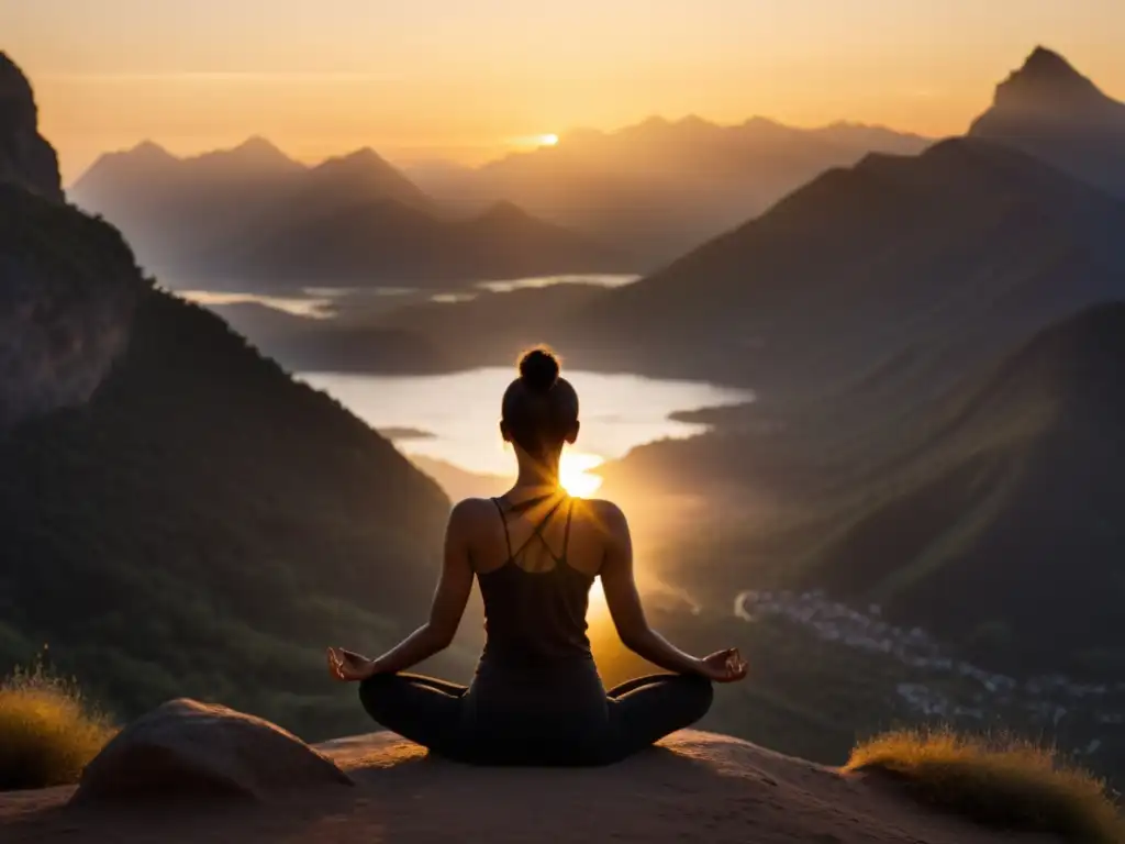 Práctica de yoga al atardecer con vista a la montaña, transmitiendo calma