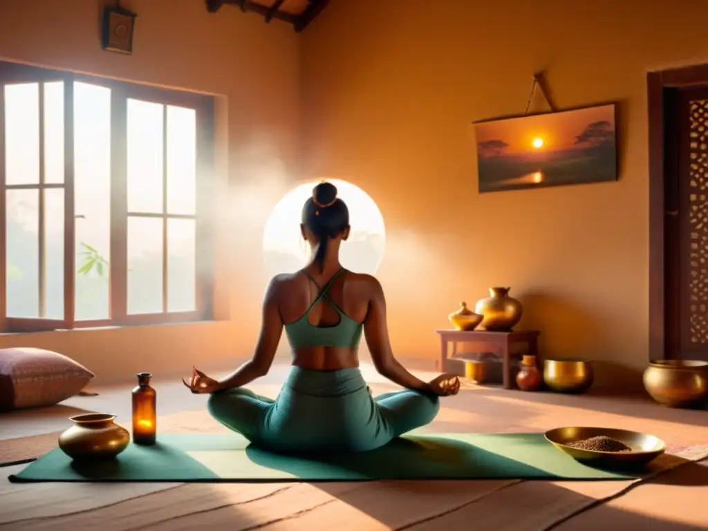 Práctica de yoga al amanecer en casa tradicional india, con incienso y aceites ayurvédicos