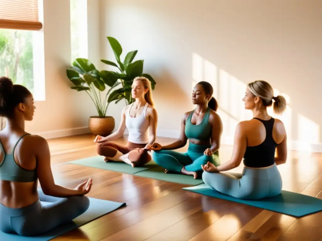 Práctica de yoga para mejorar la concentración en un estudio sereno y lleno de luz natural, rodeado de plantas verdes