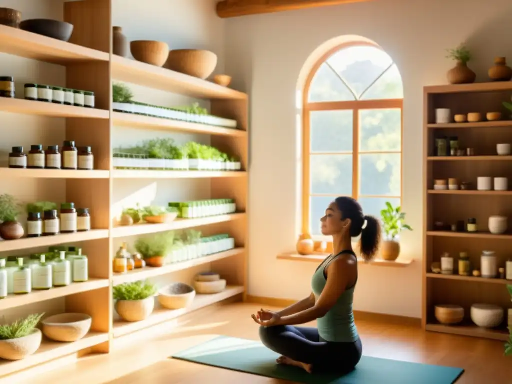 Práctica de yoga en una habitación soleada con productos ayurvédicos organizados