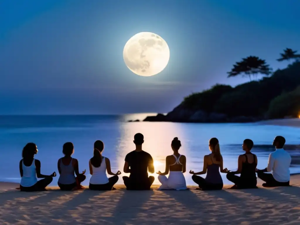 Práctica de yoga bajo la luna llena en la playa, influencia de fases lunares en yoga