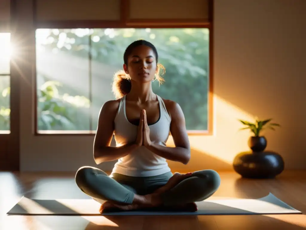 'Práctica de yoga restaurativo para revitalizar cuerpo en un estudio tranquilo iluminado por la suave luz dorada