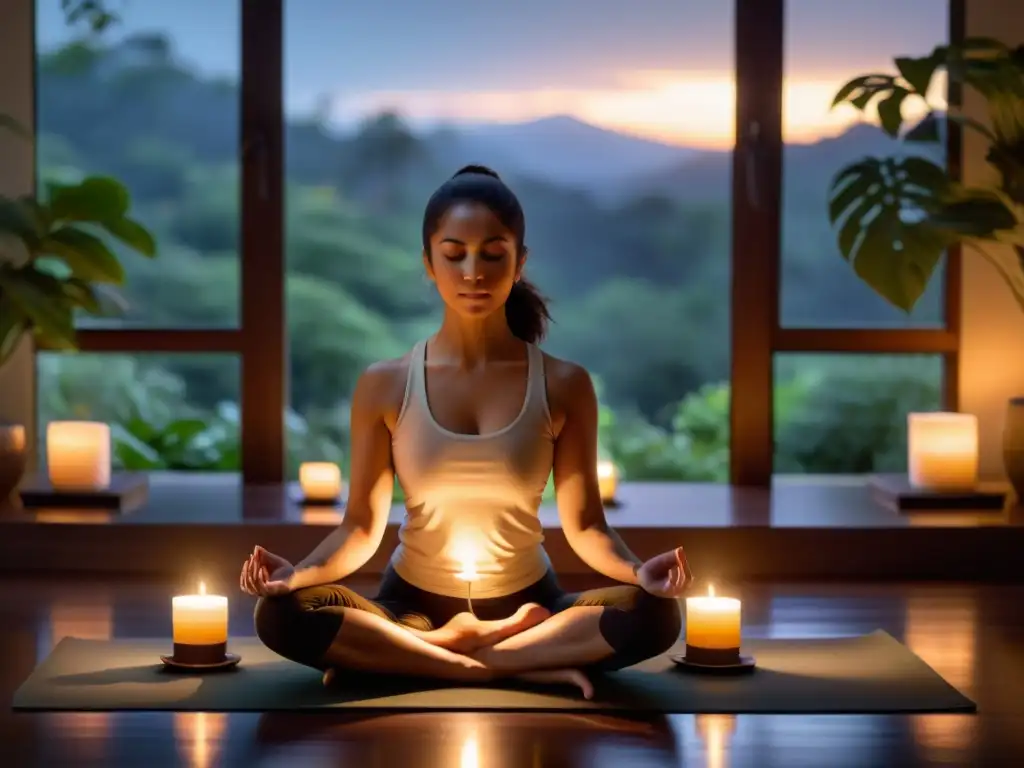 Yoga restaurativo para revitalizar cuerpo: Mujer meditando en estudio iluminado por velas con vista a jardín tranquilo