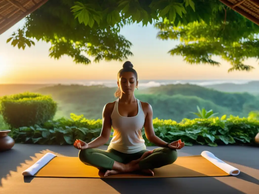 Práctica de yoga al amanecer, rodeada de exuberante vegetación