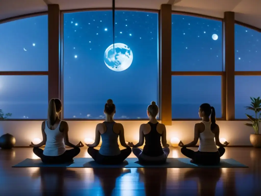 Práctica de yoga suave bajo la influencia de las fases lunares en un estudio iluminado por la luna