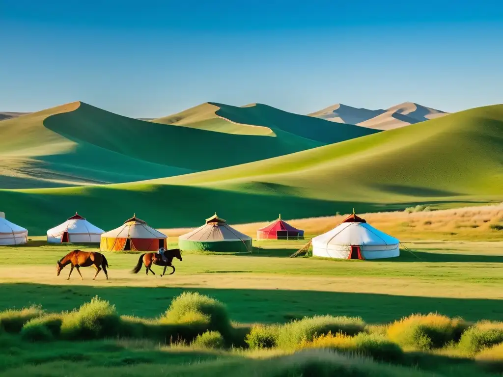 Un yurt de lujo destaca en la hermosa estepa mongola, rodeado de naturaleza exuberante y caballos galopando