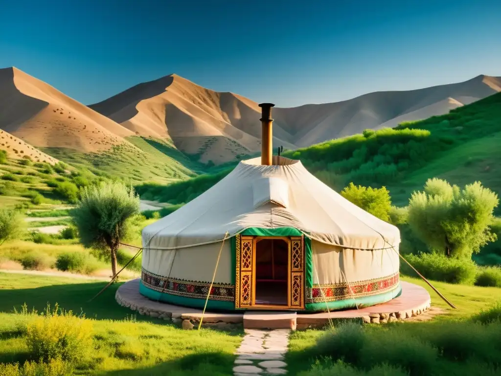 Una yurta de lujo en el pintoresco paisaje de Uzbekistán, rodeada de colinas y vegetación exuberante